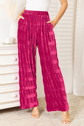 Double Take Full Size High Waist Tiered Shirring Velvet Wide Leg Pants Hot Pink OutfitFlow